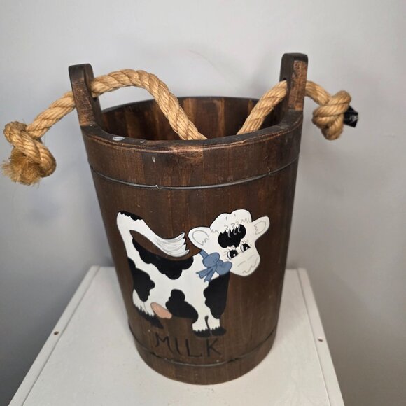 Wooden Milk Bucket Cow Decor Primitive Farm Rope Handle
